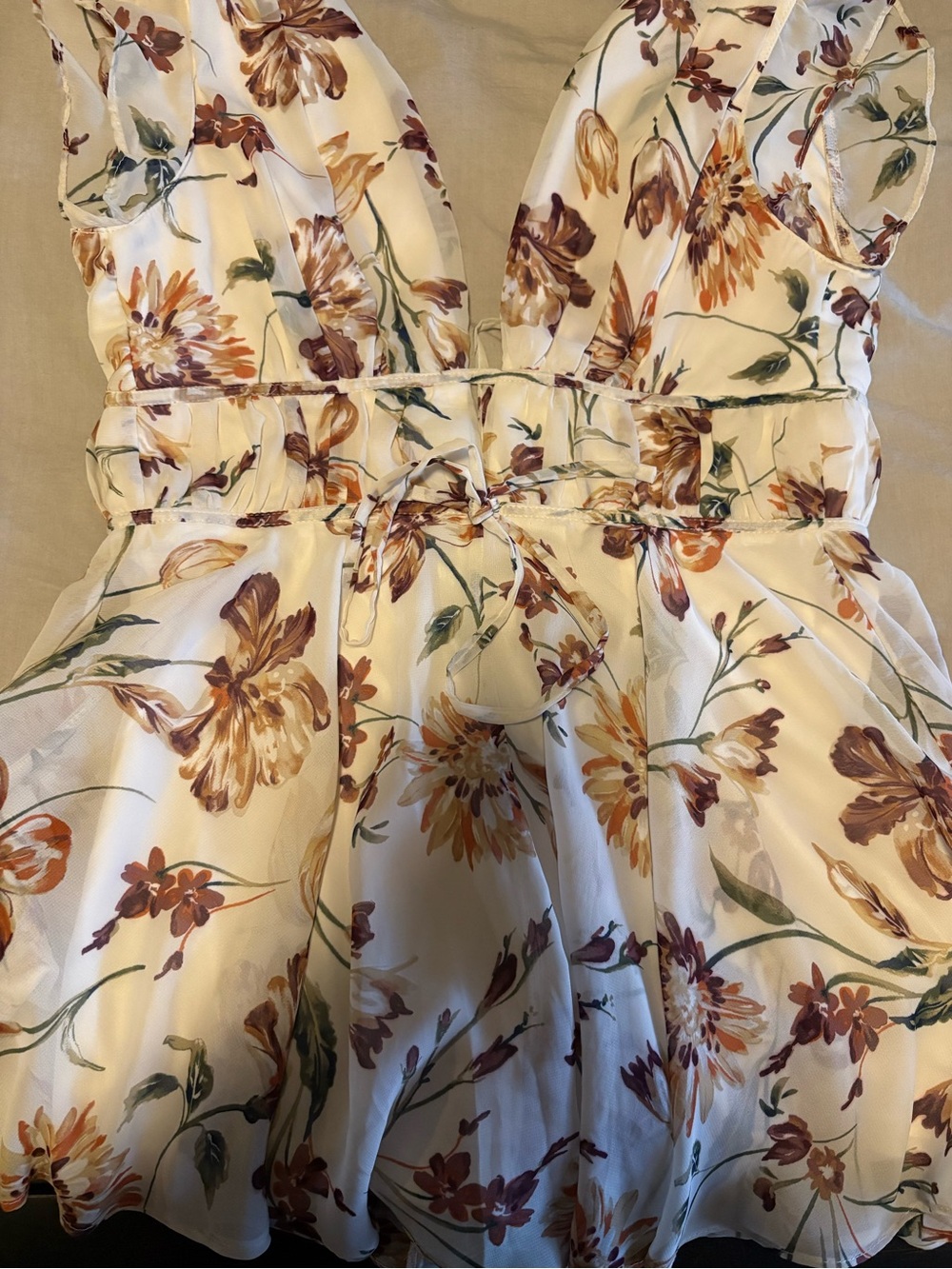 Lulu's Cream Floral Ruffle V-Neck Romper - Picture 14 of 16